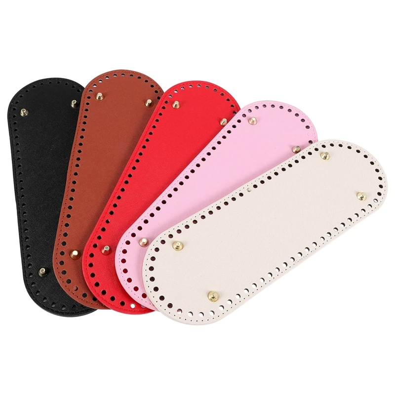 

5 Pcs Oval Long Bag Bottom, PU Leather Nail Bottom Shaper Pad, Bag Cushion Base, Hand-Woven Bags Accessories With Holes