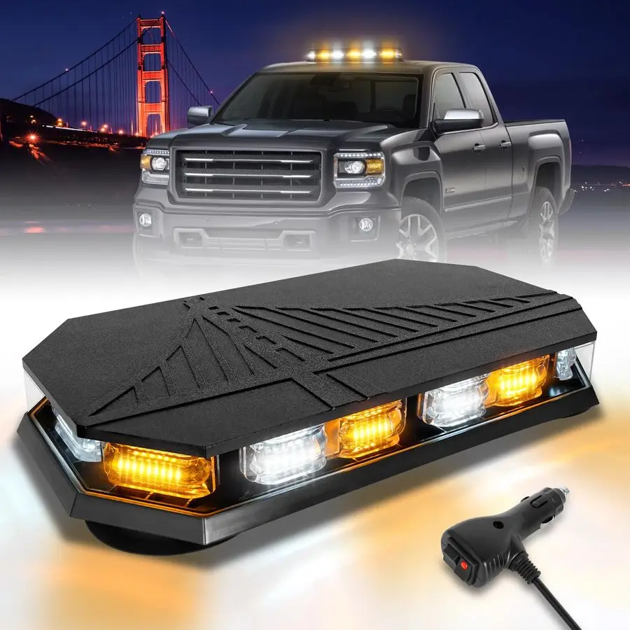 

406D Rooftop Emergency Strobe Lights Bar, 102 LED Amber White Mini Beacon Safety Flashing Warning Traffic Lights Bar w Magnetic