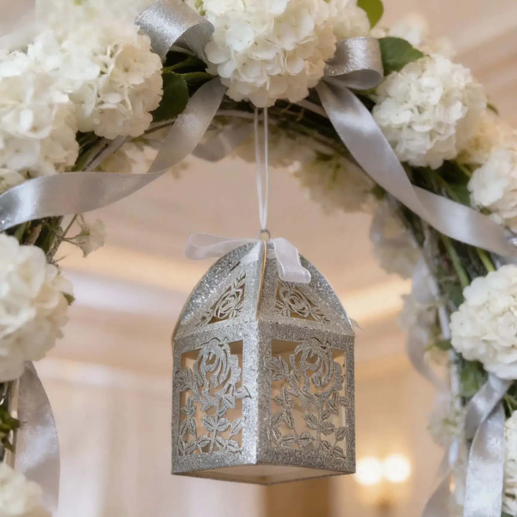 

10pcs Glitter Silver Laser Cut Wedding Favor Boxes,Rose Floral Candy Boxes with Ribbon,Small Gift Box for Party Favor Decoration