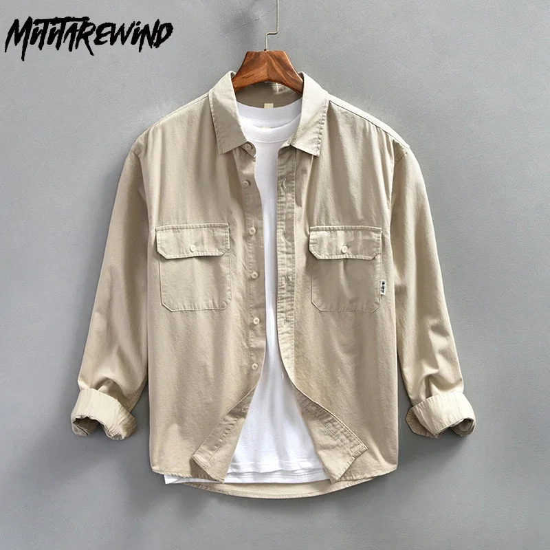 

Japanese Fashion Cargo Shirt Men Streetwear Loose Top Lapel Double Pocket Long Sleeve Shirt Man Casual Pure Cotton Clothes Youth