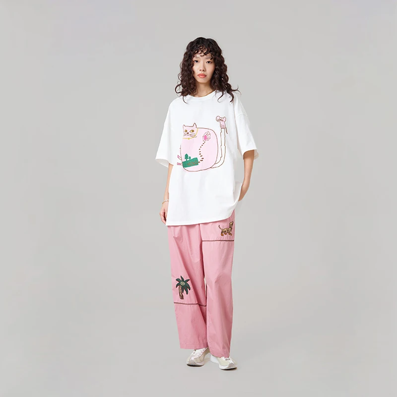 MOVEUP Casual Short Sleeved Round Neck T-Shirt 2026 Summer New Cat Print Drop Sleeves Minimalist Knitted Top For Women 3ELX10541
