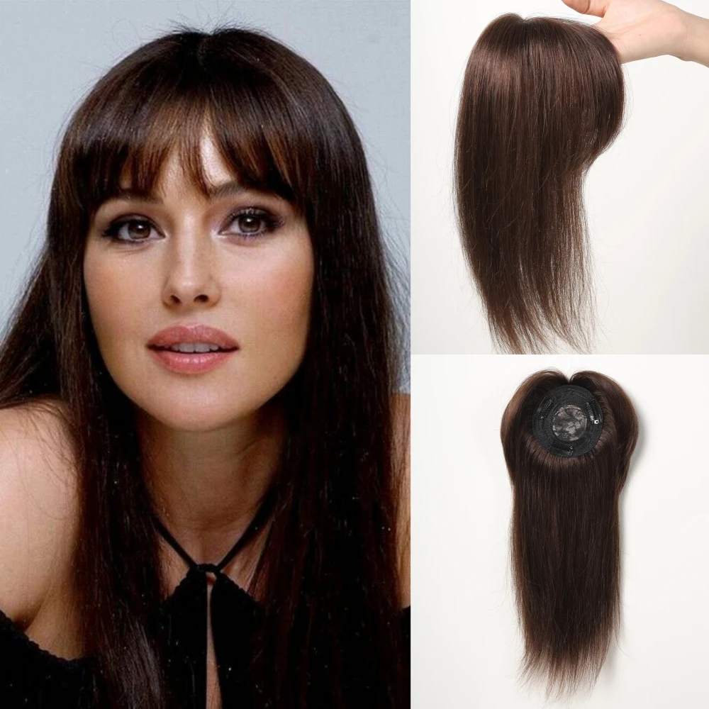 12 Inch Human Hair Toppers with Bangs Brown Hair Pieces for Women Silk Base 3 Clips In Topper for Thinning Hair Loss Cover