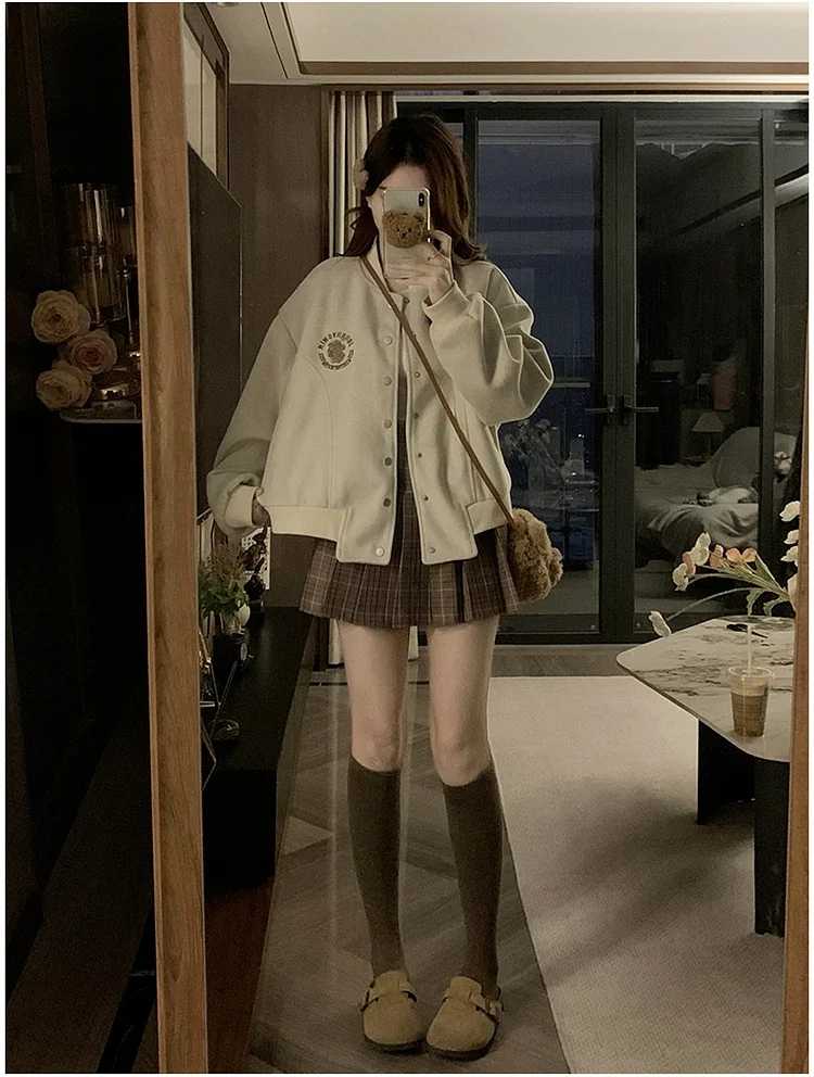 

Baseball Jackets Number Womens Spring Outerwear Snap-Button Wool Windproof Boyfriend Anti-Freezing Loose Comfortable Light Retro