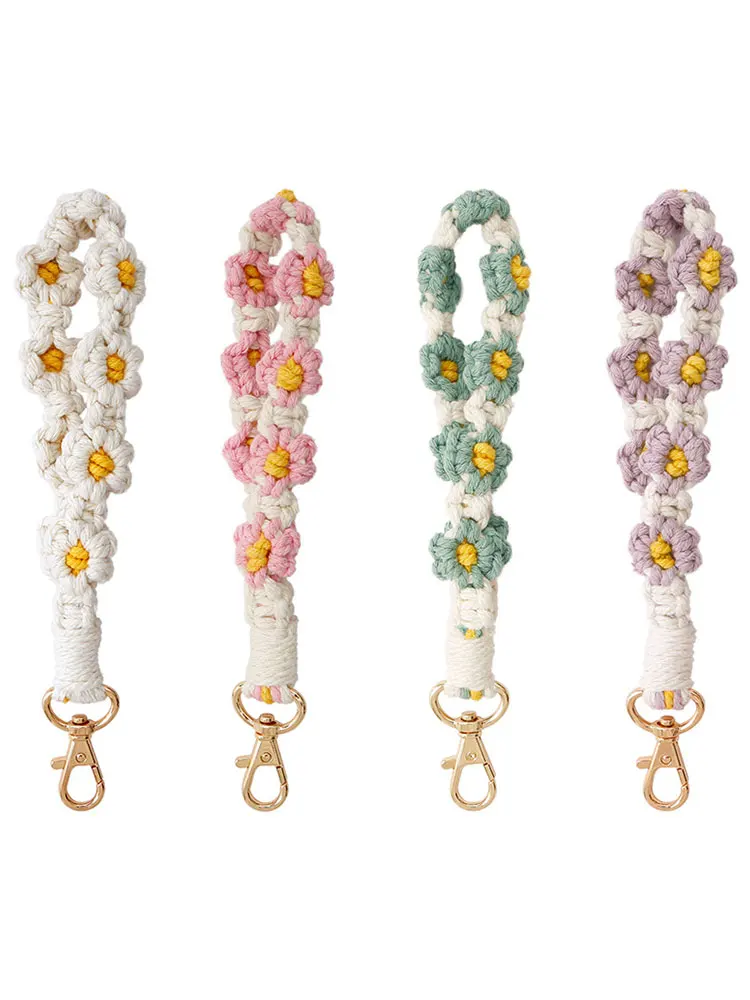 New Daisy Flower Macrame Wristlet Keychains for Women Girls Knitting Key Fob Strap Wrist Lanyard Bracelet Keyring Charm Bag Gift