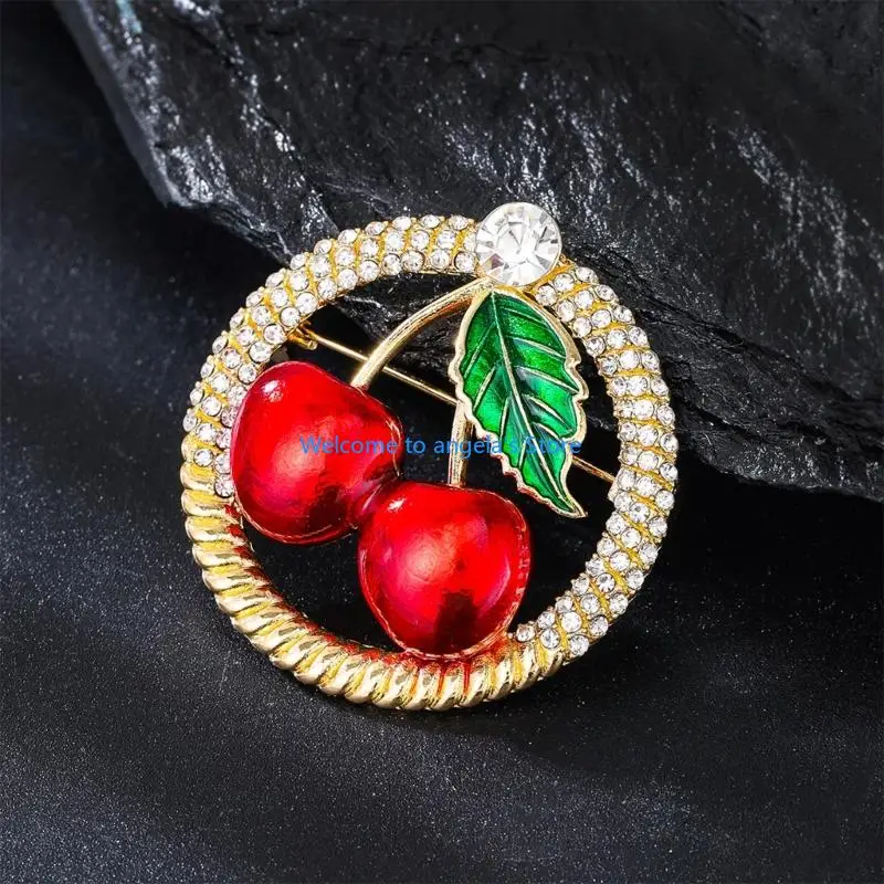 X4YC-broche con diamantes imitación cereza brillante para mujer, Pin resistente a corrosión, con distintivo para