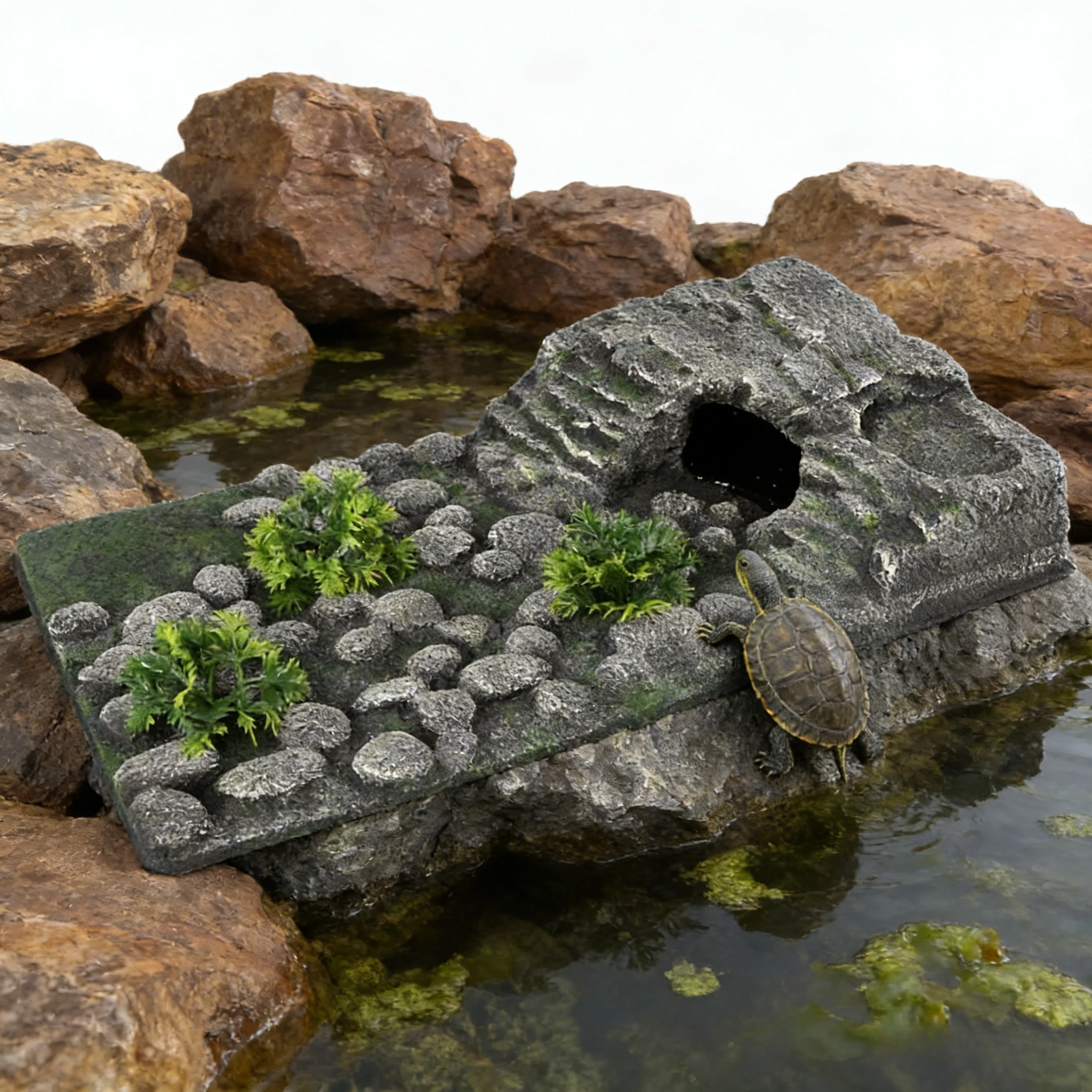 

Turtle Basking Platform Low Water Floating Island with Climbing Steps, Hide Cave & Rockery Decoration Aquarium Tank Accessory