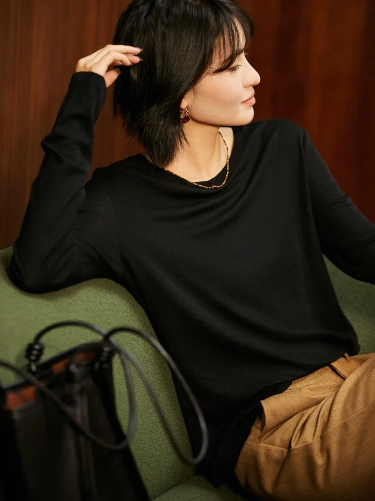 Birdtree, Wool Blended Solid Blouse, O-neck Full Sleeve Tops, Women's Knitted Loose Commuting Shirt, 2026 Autumn New T67821JF