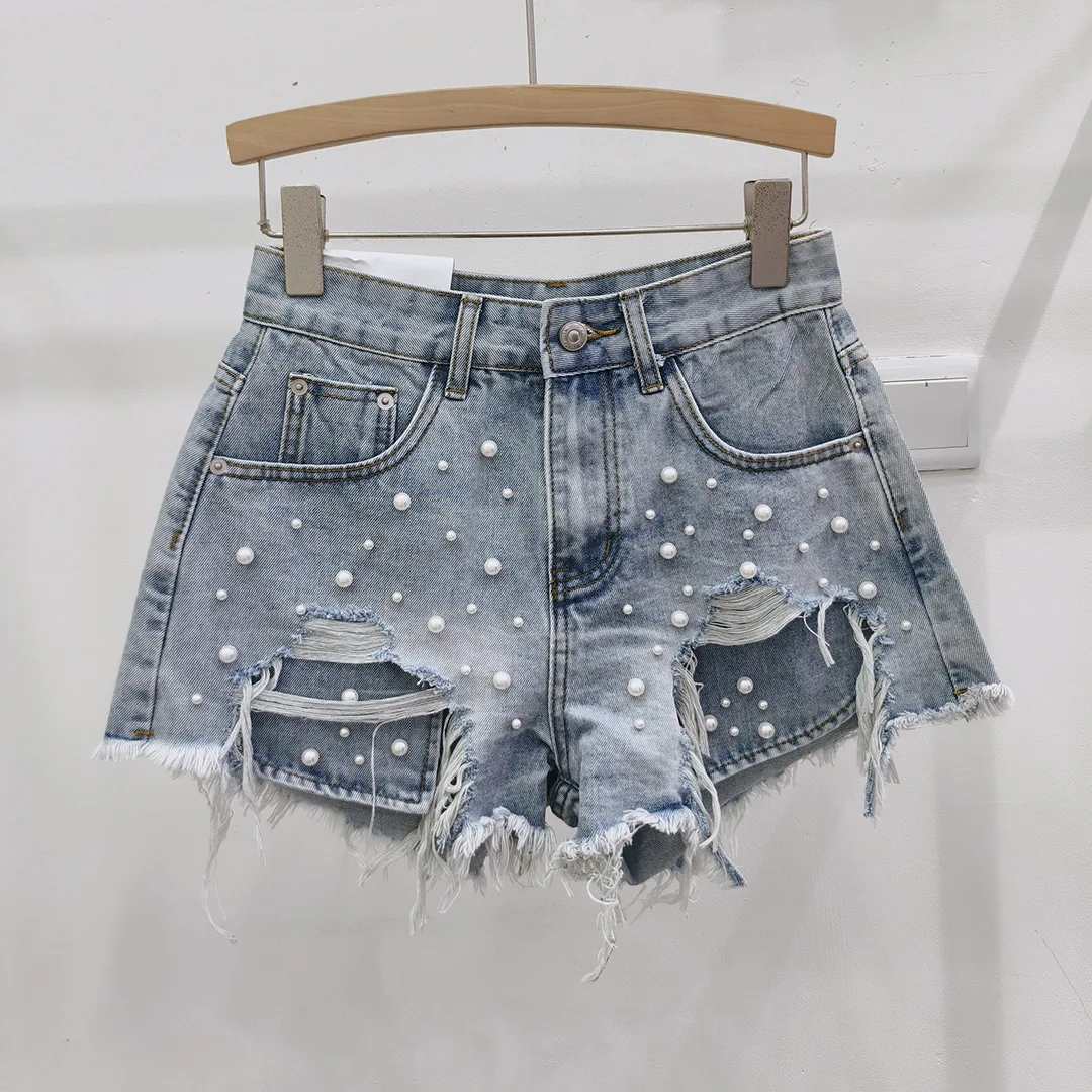 Sexy Beaded Denim Shorts Women Destroyed Ripped Jeans Distressed Ladies Pearls Hot Pants Tassel High Waist Streetwear Summer