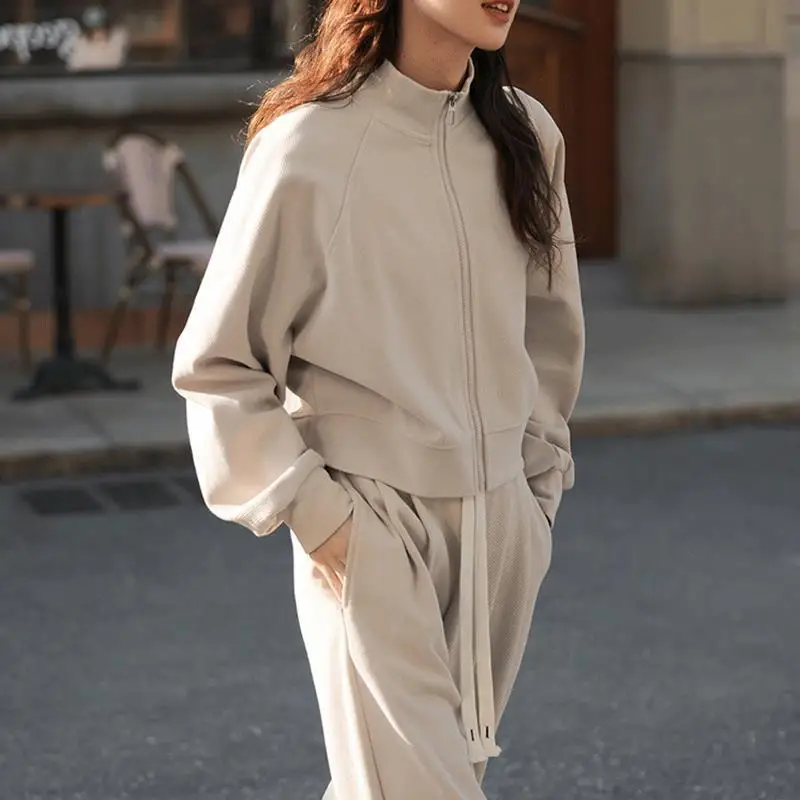 

Повседневная спортивная одежда в ленивом стиле, комплект из двух предметов, весенне-осенняя женская тонкая толстовка на молнии + модный брючный костюм
