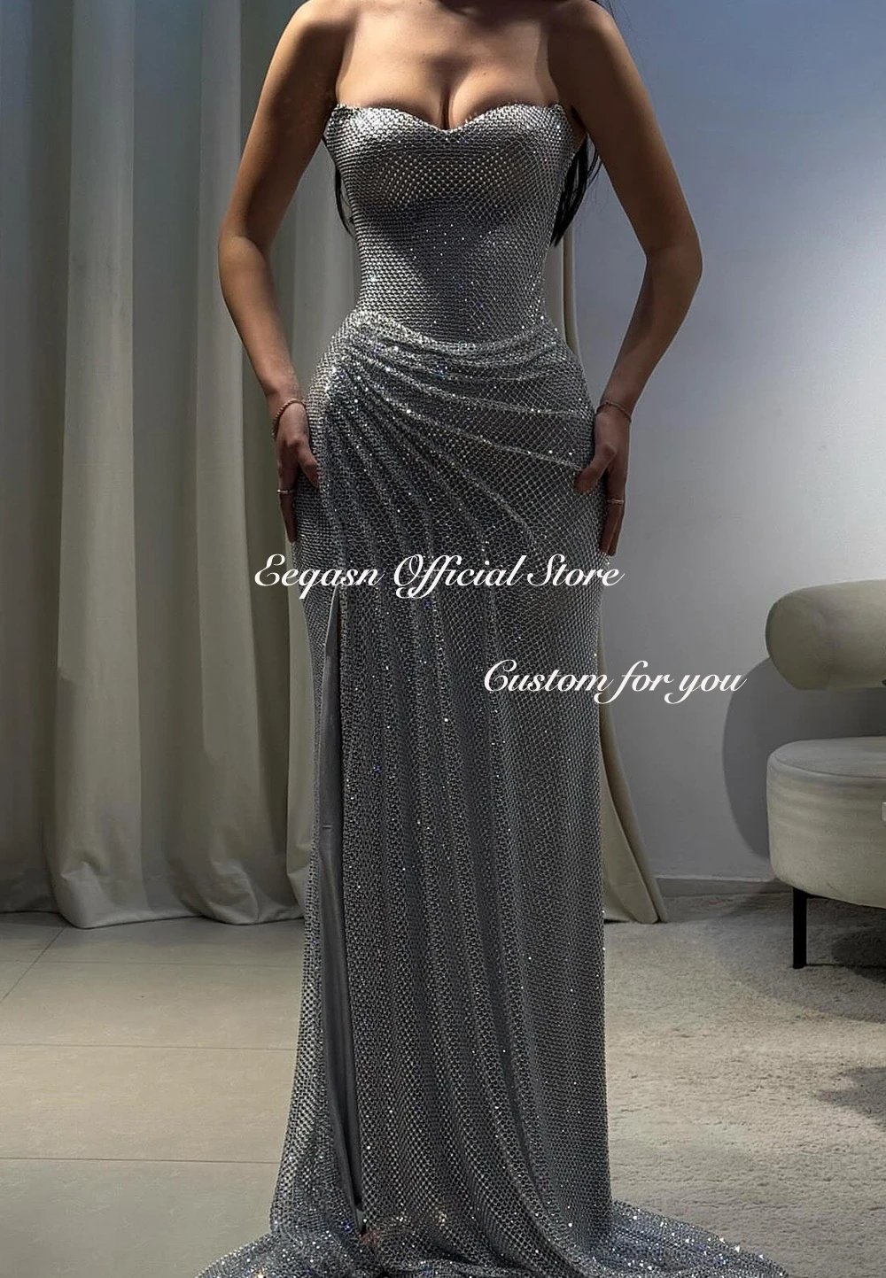 Customized Strapless Glitter Prom Dresses Side Split Sleeveless vestidos de noiva Floor-Length Formal Evening Gown Mermaid image 3