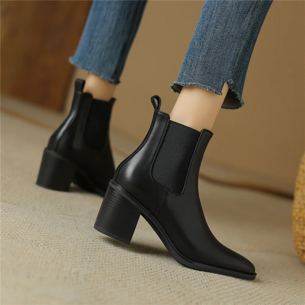 FEDONAS Mature Pointed Toe Women Ankle Boots Genuine Leather Thick High Heels 2024 Autumn Winter Basic Office Lady Shoes Woman