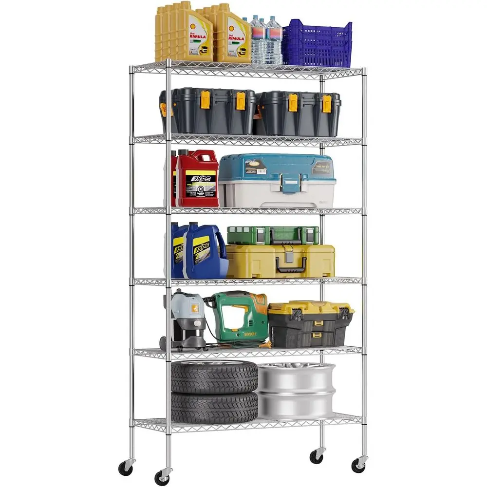 

Металлическая передвижная тележка-стеллаж DW 45"L×18"W×82"H с проволочными полками, грузоподъемность 2100 фунтов, 6 регулируемых уровней, на колесиках