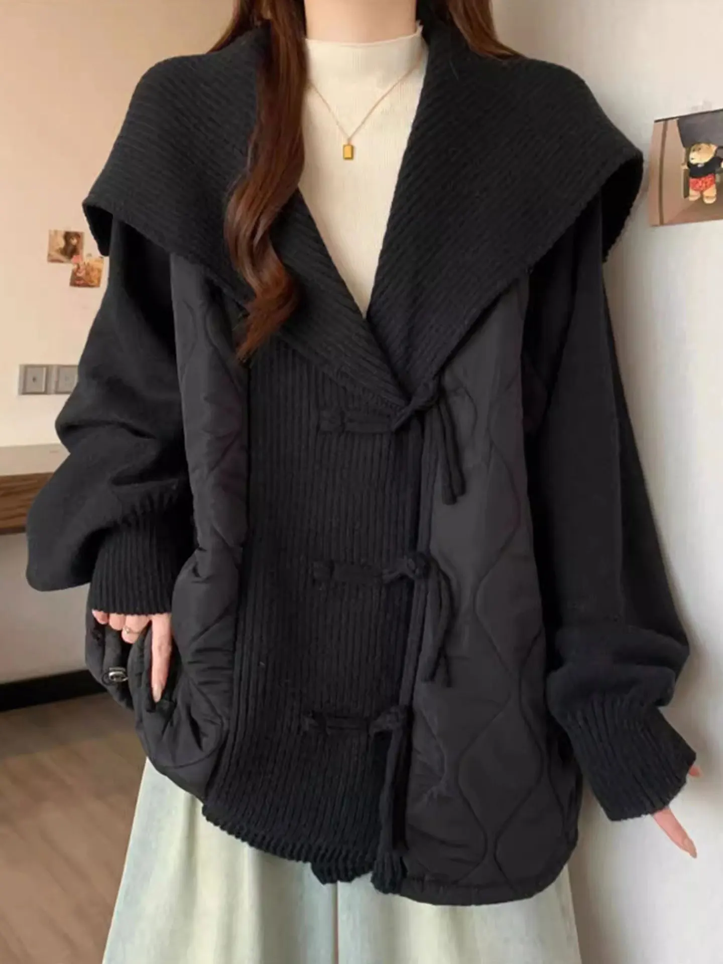 

Bla Thiened Warm Cotton Jaet Women's Loose Long Coat Winter Outerwear plus Size Comfortable Korean Sle Commute