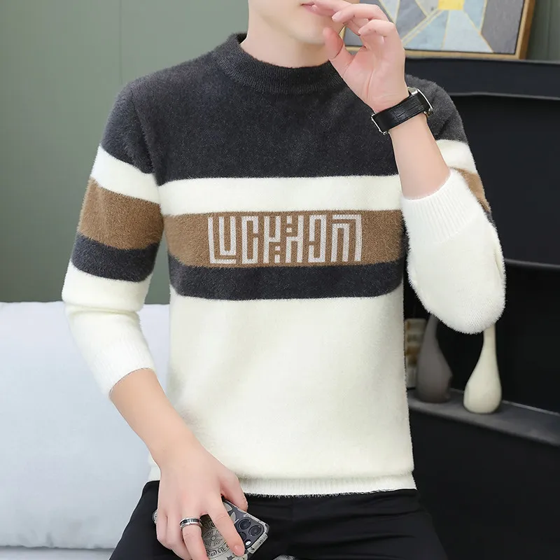 

Мужской зимний вязаный свитер из теплого искусственного меха с высоким воротником, облегающий крой, модная основа, повседневный Sle