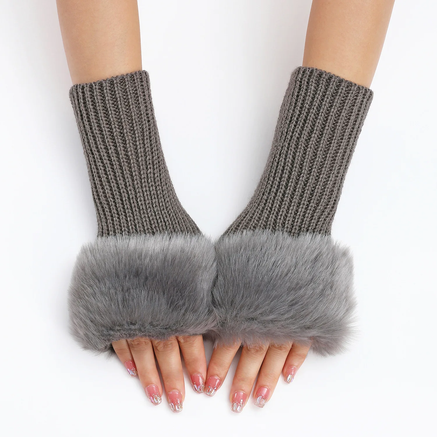 A Pair of Women Knitted Fingerless Gloves with Faux Fur Cuff Warm Winter Fall for Ladies Arm Guard Half Finger