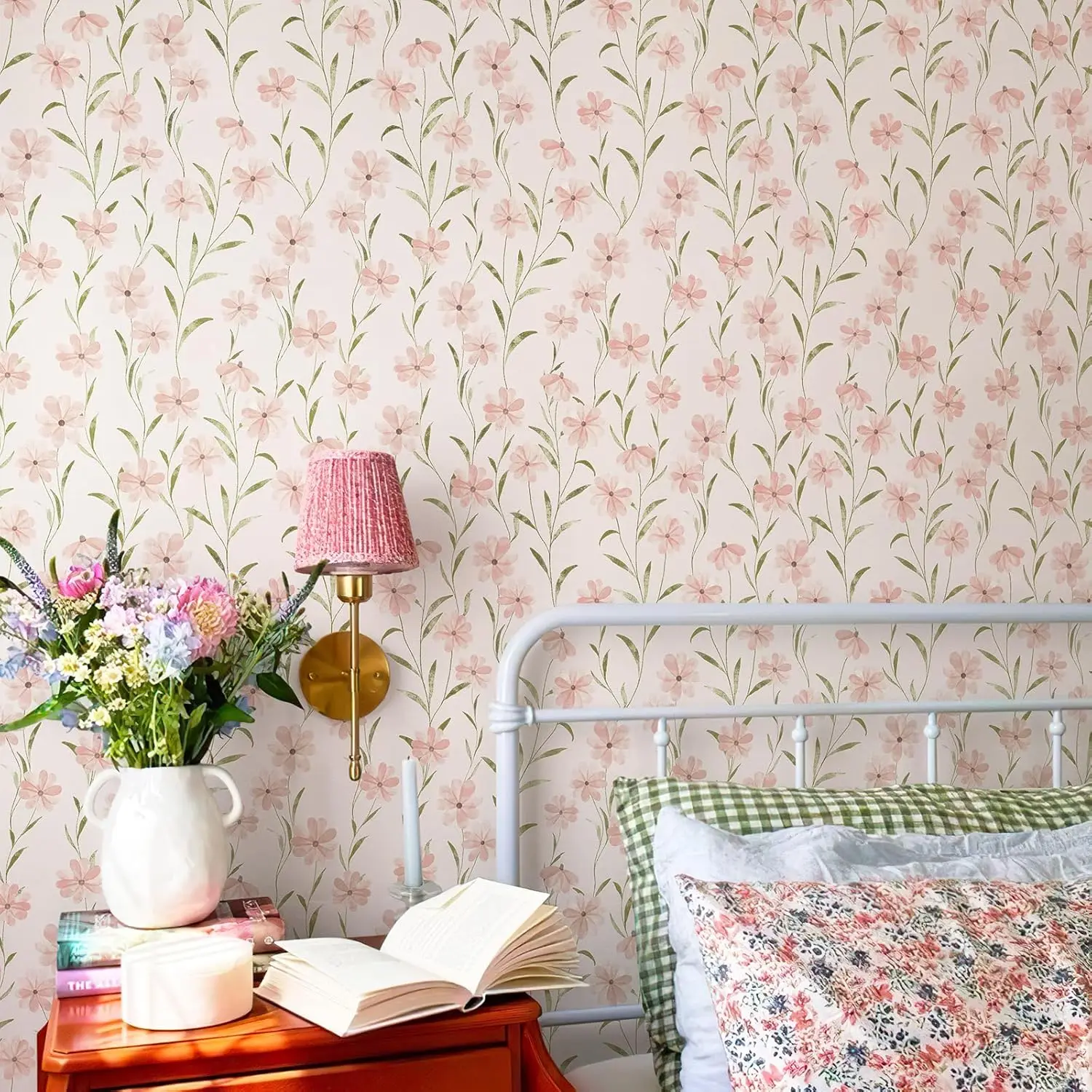 Pink Floral Peel and Stick Wallpaper Watercolor Daisy Vine Self-Adhesive Wall Sticker for Home Decoration Furniture Renovation