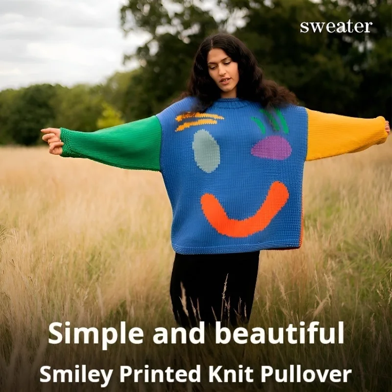 Smiley face printed loose knitted pullover cute embroidered lazy sweater