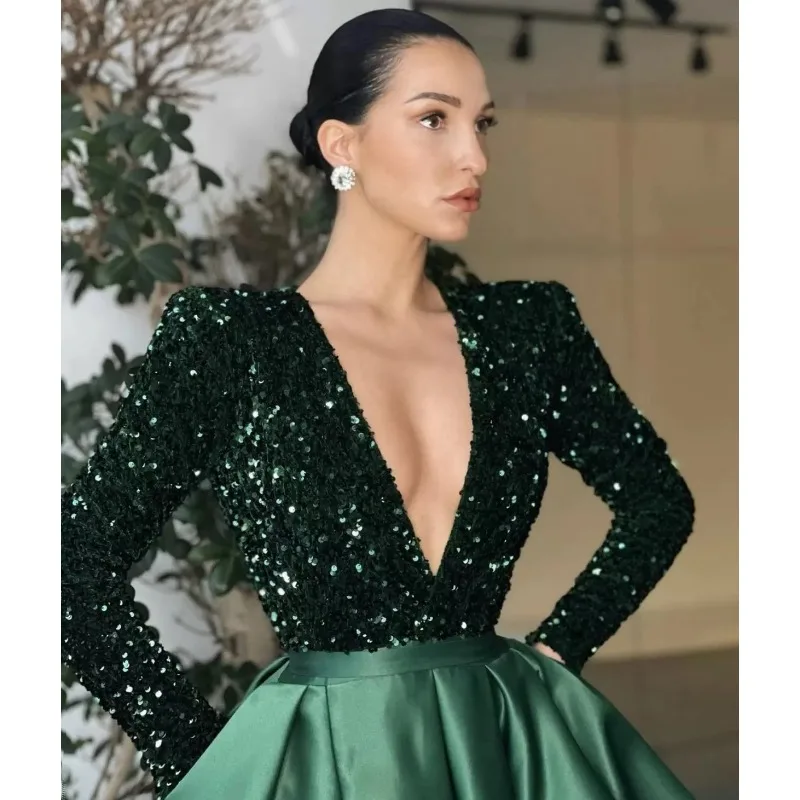 2024 Spring Summer New Women\'s Sexy One-Shoulder Long Sleeve Sequin V-neck Swing Sequined Split Dress Evening Dress