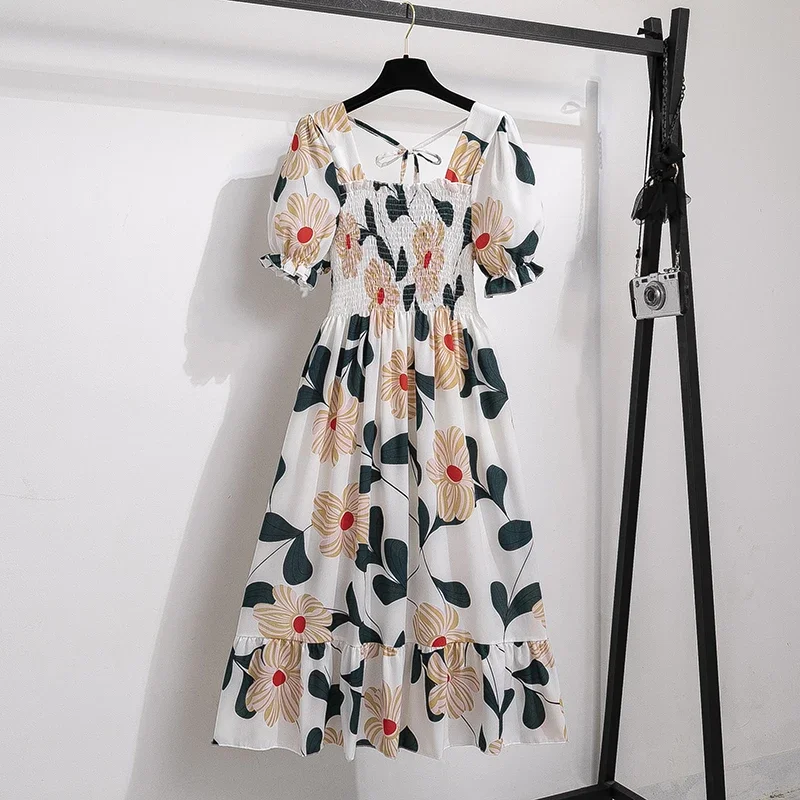 Vestido de gasa de primavera verano, moda femenina, cintura elástica, manga corta, plisado, casual para mujer, vestido en línea A 2