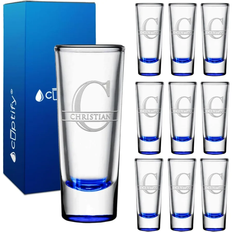 

Personalized Shot Glasses Set of 10 with Blue Bottom Custom 2 oz Cordial Shot Glasses Featuring Initial and Name for Gifts Wedd