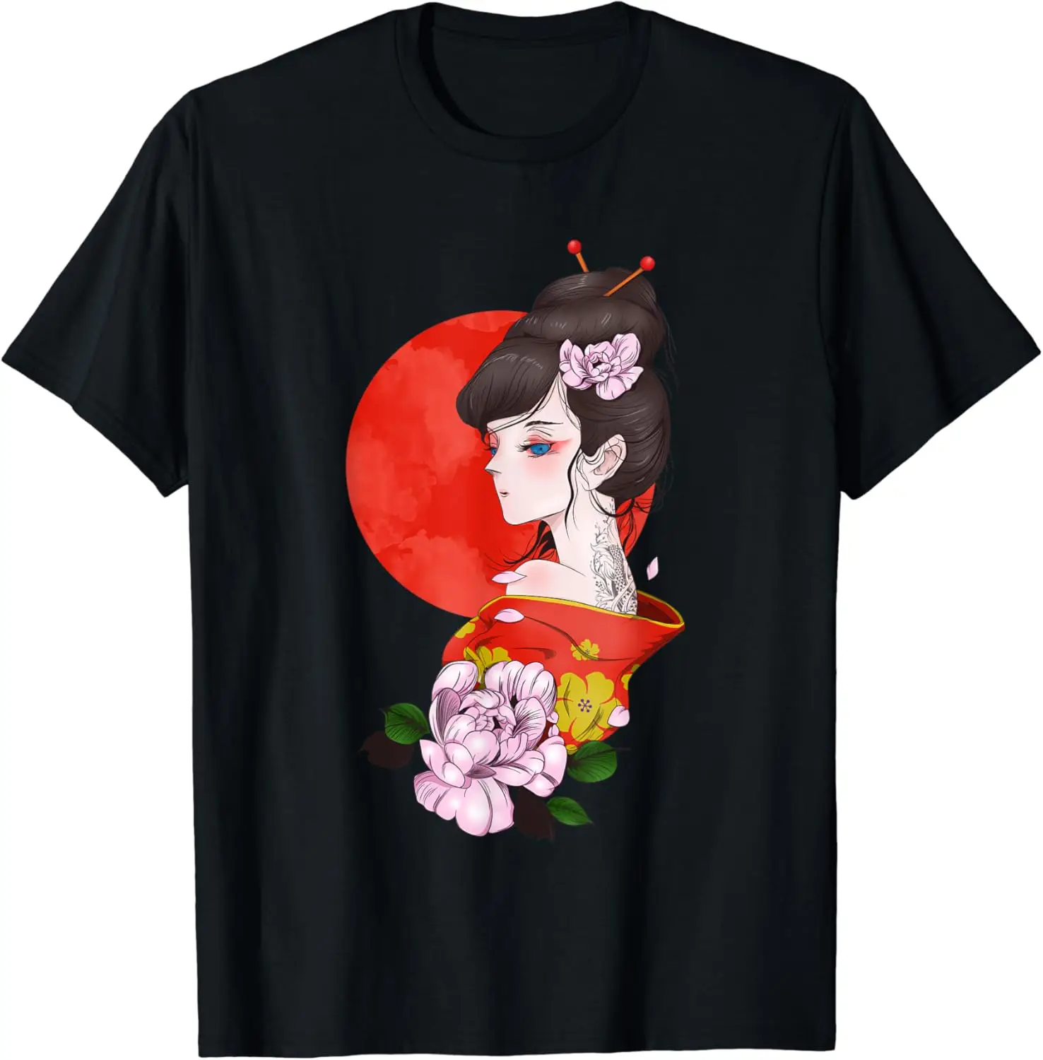 Japanese Geisha in Kimono Kitsune Mask Vintage Japan gift T-Shirt New Fashion Top Tees