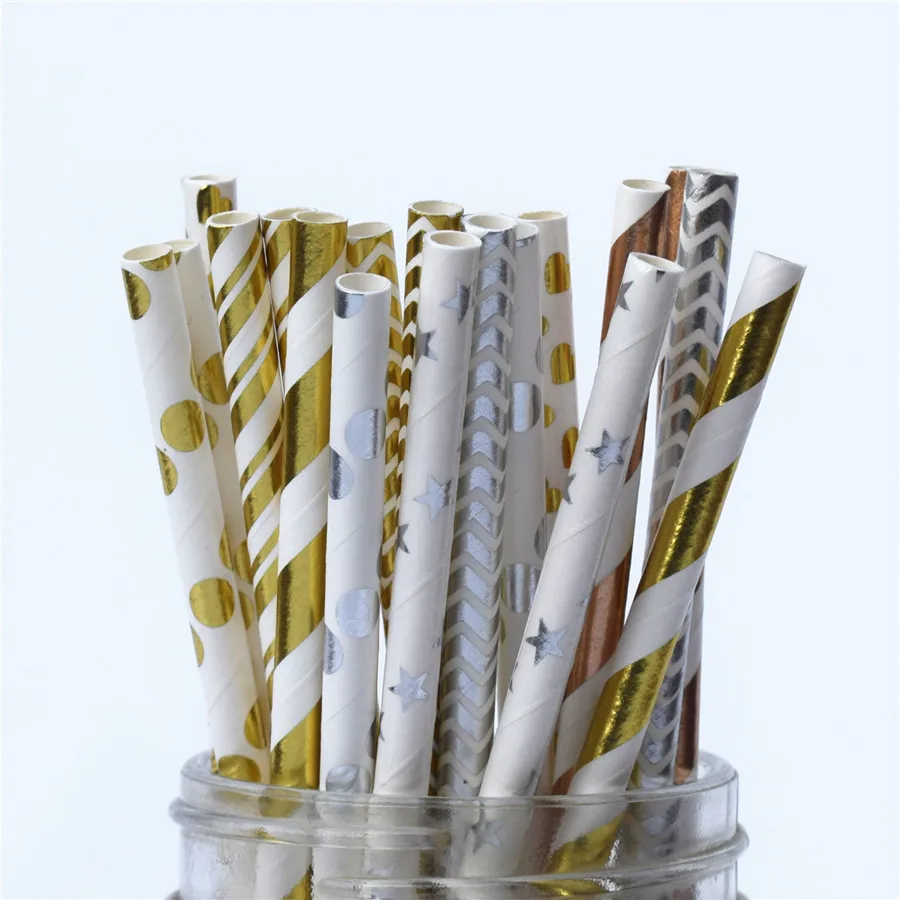 Gold Rose Gold Paper Straws Strip Dot Drinking Straw Disposable Tableware Party Supplies Wedding Birthday Party Decoration Kids