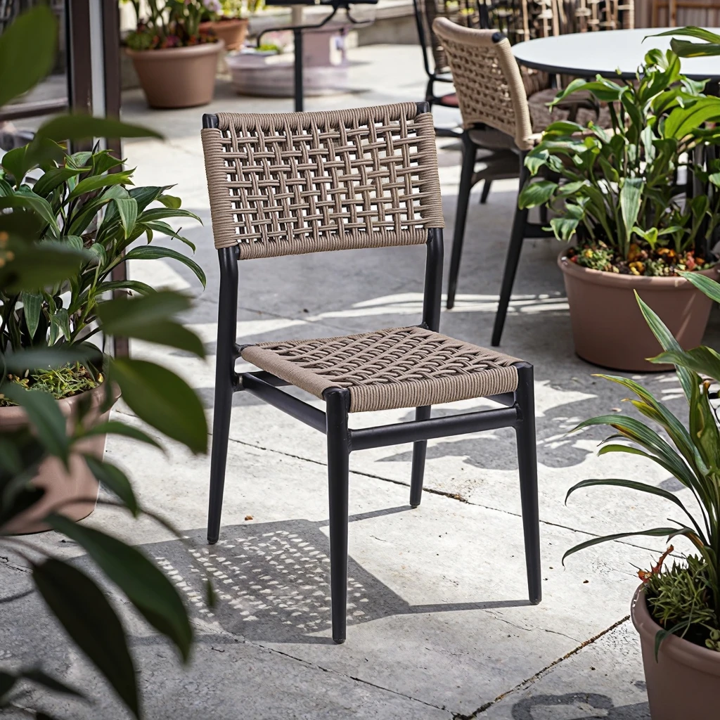 

Современный водонепроницаемый плетеный стул OEM из алюминия и веревки для уличных обеденных зон – для ресторанов, парков, отелей, круизов. Доступен оптовый заказ.