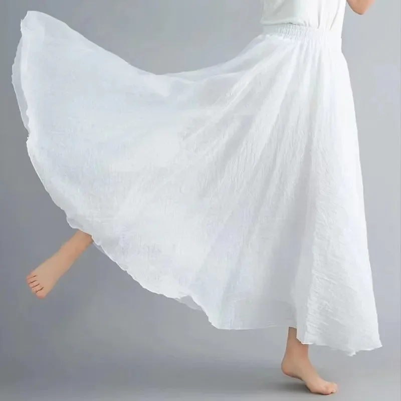Boho Beach Women's Skirt - Linen Cotton Blend Elastic Waist Long Pleated Maxi, Vintage Summer Casual Skirt Faldas Saia