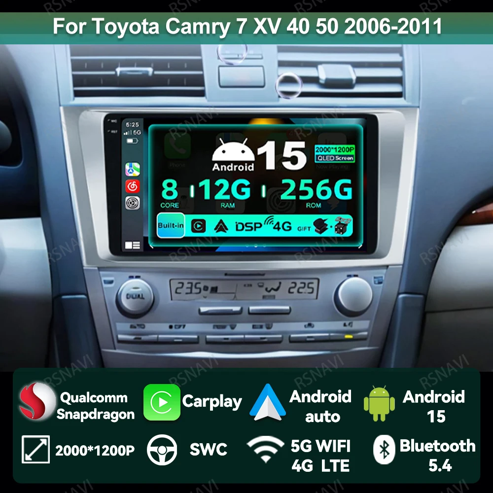 Car Radio Android 15 For Toyota Camry 7 XV 40 50 2006-2011 QLED Autoradio Viedo Player Qualcomm Wireless Carplay Auto BT GPS DSP