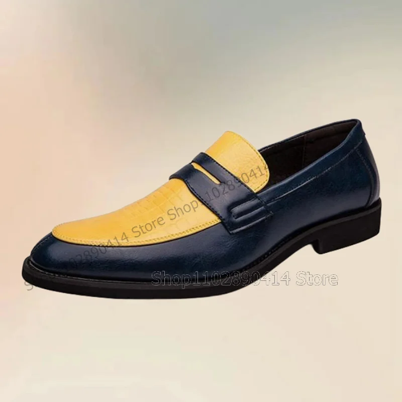 

Yellow Blue Sewing Design Alligator Print Loafers Fashion Slip On Men Shoes Luxury Handmade Party Feast Banquet Men Casual Shoes