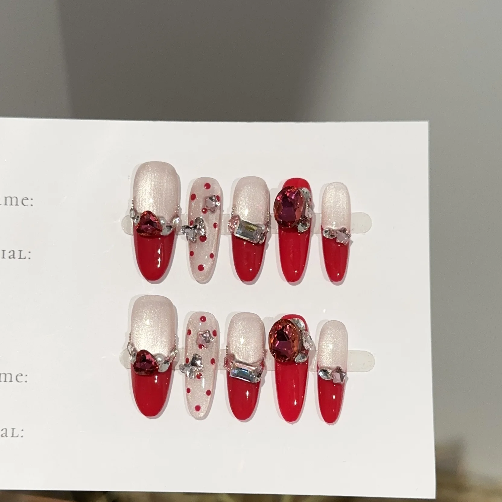 10個入り クリスマスつけ爪 フレンチローズ キャッツアイ プレスオンネイル シャイニーパール スノーフレーク ラインストーンデザイン フェイクネイル クリスマスパーティー用