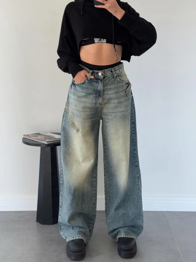 

Streetwear Denim Baggy Pants Fall Clothing Women Mid Waist Straight Jeans Female Vintage Basic Denim Trousers Jean Pants Bottoms