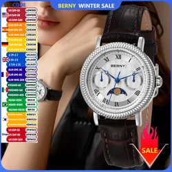 BERNY Women's Watches Luxury Business Dress Watch Moon Phase Elegant Quartz Ladies Wrist Watches Leather Band Stainless Steel