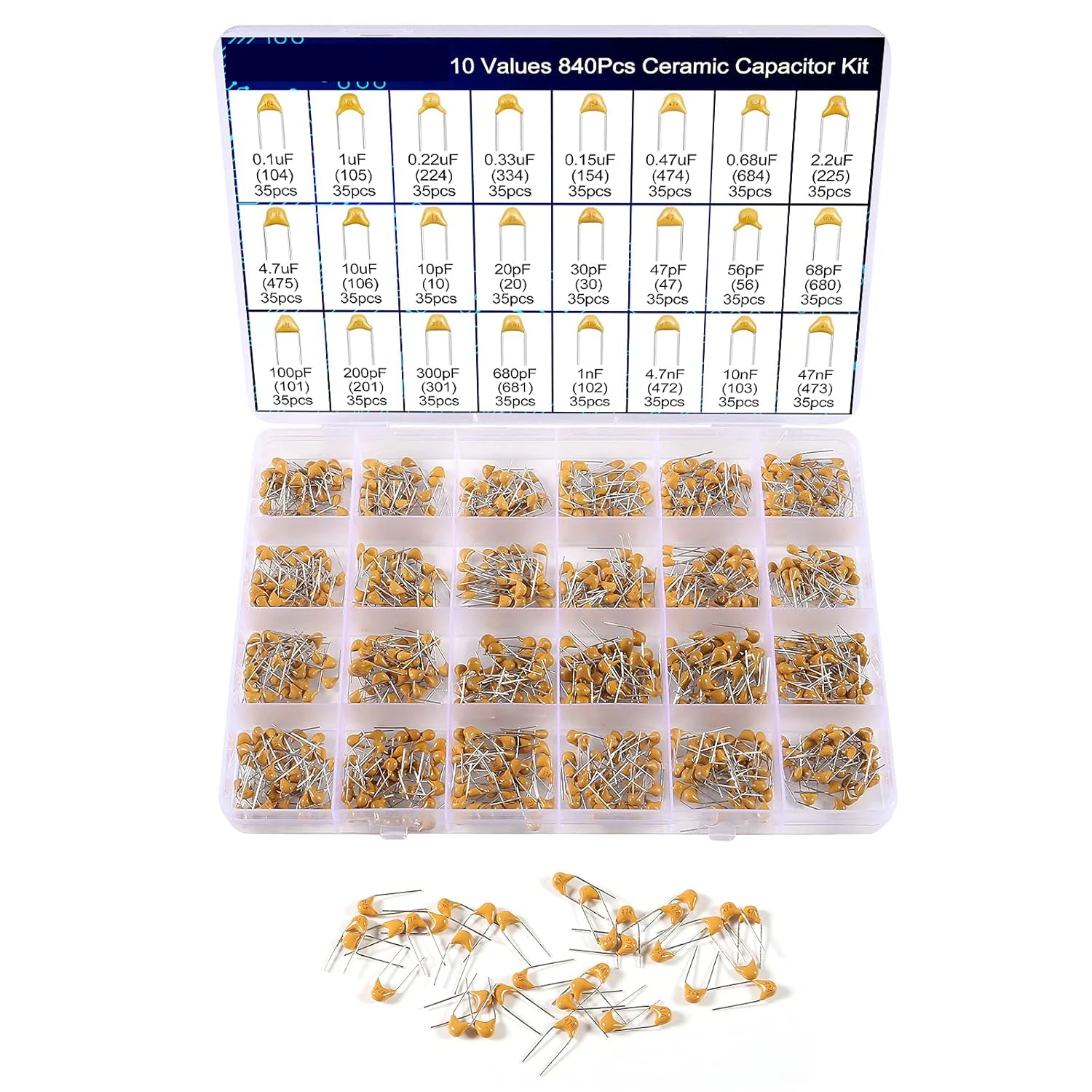 

24 значения, 840 шт., набор керамических конденсаторов, диапазон конденсаторов от 10 пФ до 10 мкФ, многослойный монолитный керамический конденсатор в коробке
