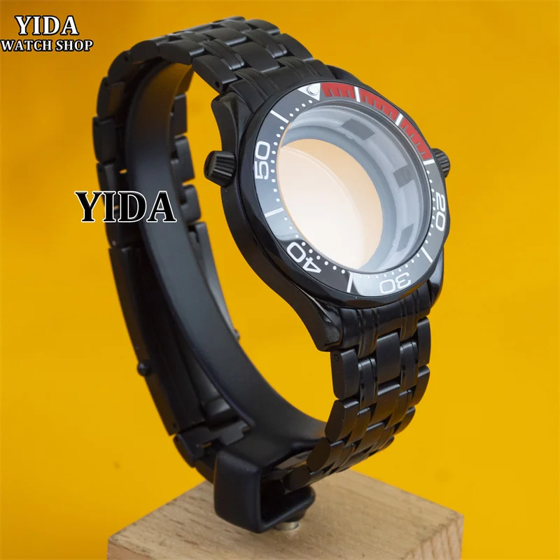 

Корпус часов Seamaster 300 41 мм, серебристый PVD, черный браслет из нержавеющей стали, 10 АТМ, водонепроницаемый, подходит для NH35, NH36, механизм, мод, детали часов