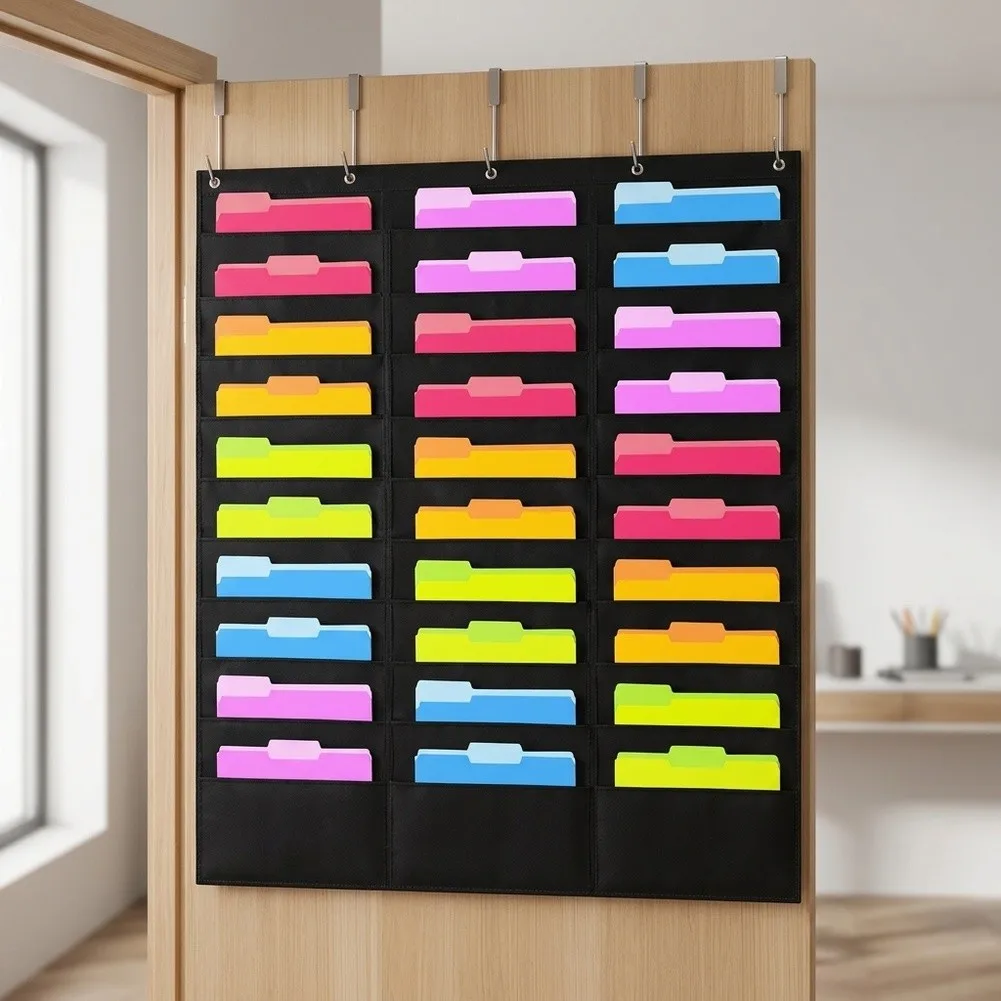 30 Pocket For A4 Document Organizer Wall Hanging Storage Bag for Office School Use Machine Washable Nylon Black 119x107cm