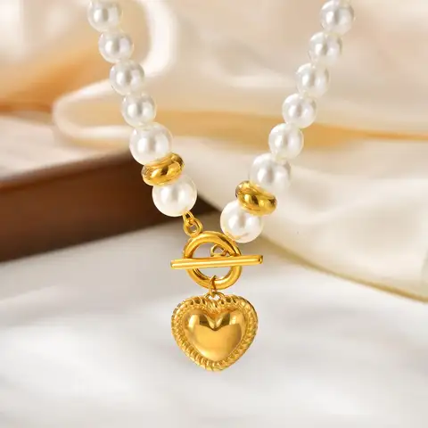 Stainless Steel Heart-shaped Pendant for Women,Imitation Pearl Beaded Chain Necklace with OT Buckle,Gold Color Jewelry Gifts