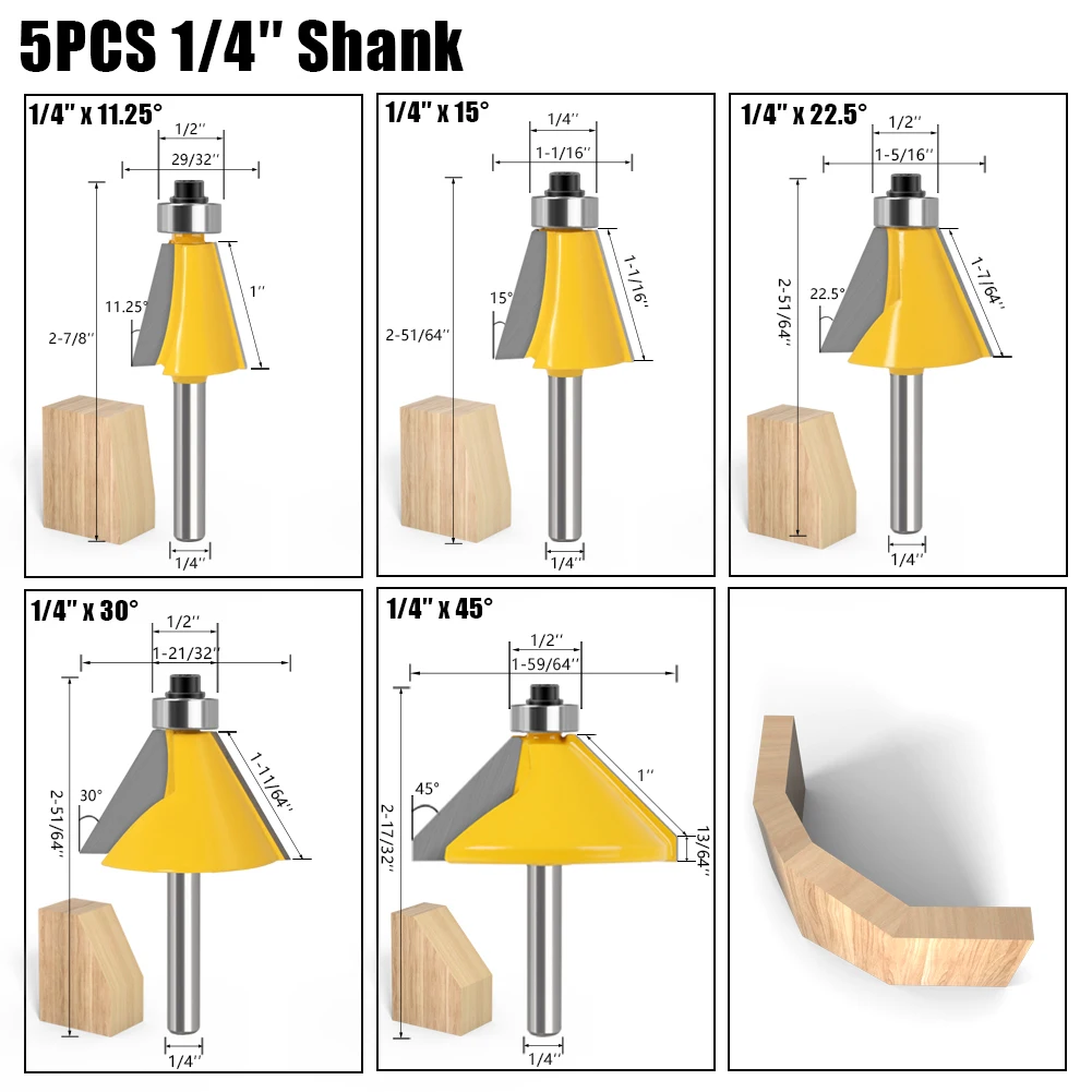 5pcs 6mm 8mm 12mm 1/4′′ 1/2′′ Shank High Quality Large 11.25, 15, 22.5 , 30, 45 Degree Chamfer & Bevel Edging Router Bit Wood