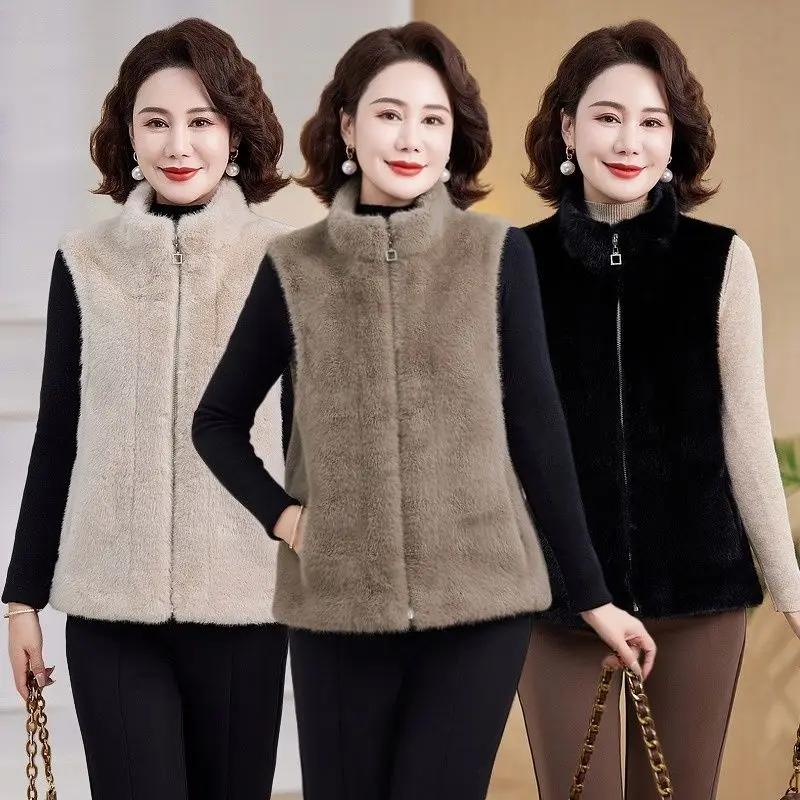 

Imitation Ｍink Fur Vest Jacket Autumn WInter New Short Sleeveless Waistcoat Middle Aged Mother Stand-up Collar Faux Fur Coat