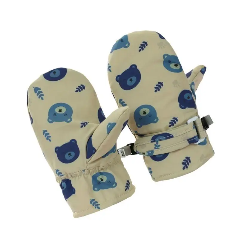 

U13F Splashproof Mittens Kids Gloves Windproof Children Winter Warm Snow Gloves Printed Cartoon Bear Thicken Thermal Mitts