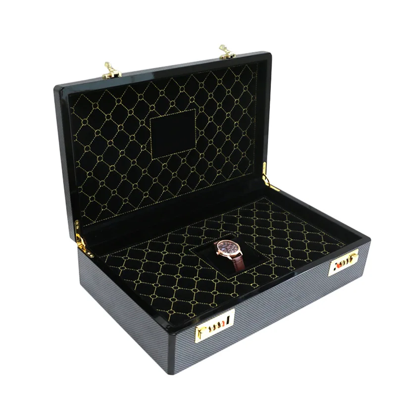 Watch box diamond check carbon brazing double combination lock watch display box