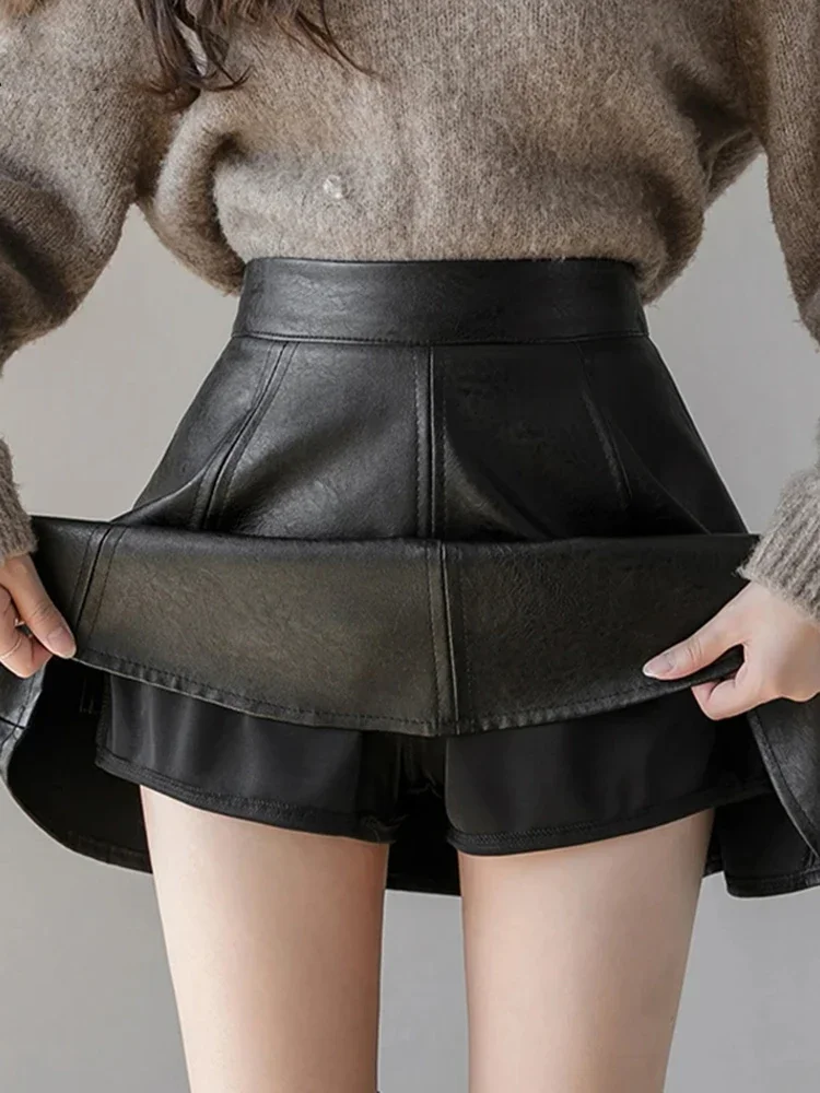 

Autumn Korean Fashion Women's PU Pleated Skirts Unique Zippered Design Winter Slim Fit Highisted Mini Leather Skirt in Solid