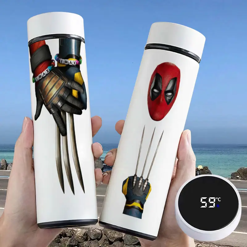 Anime peripheral Marvel Wolverine Deadpool cool cartoon pattern fashionable large capacity stainless steel smart thermos cup