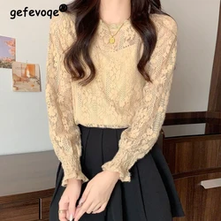 Women Sexy Hollow Lace Long Sleeve Solid Basic T-shirt Spring Autumn Fashion Female Round Neck Loose Pullover Tops Ropa De Mujer