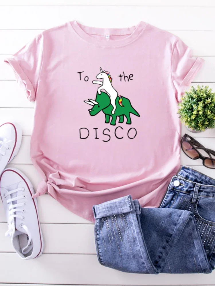 Nadruk damska koszulka do Disco jednorożec z krótkim rękawem O dekolt luźna damska koszulka damska koszulka koszulka damska bluzki Camisetas Mujer