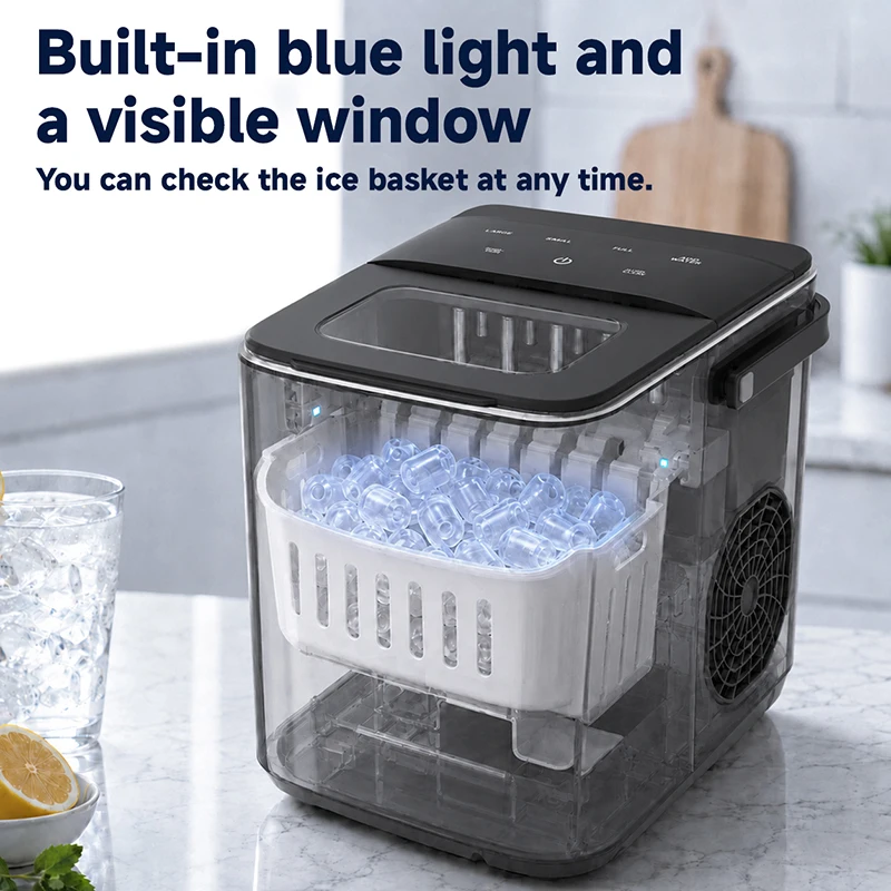 Portable Bullet Ice Maker,9 Cubes/6Mins(90/H),108Cap Self-Clean,Visible Window,Scoop&Basket,Auto Ice Maker for Kitchen Bar.