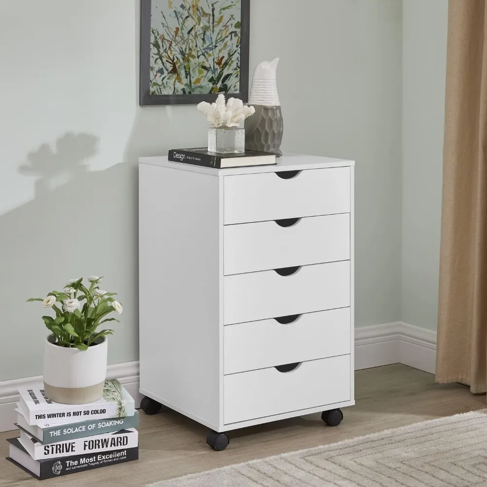 

Mobile 5-Drawer File Cabinet on Wheels White Engineered Wood Storage Organizer for Letter Legal Files Under Desk