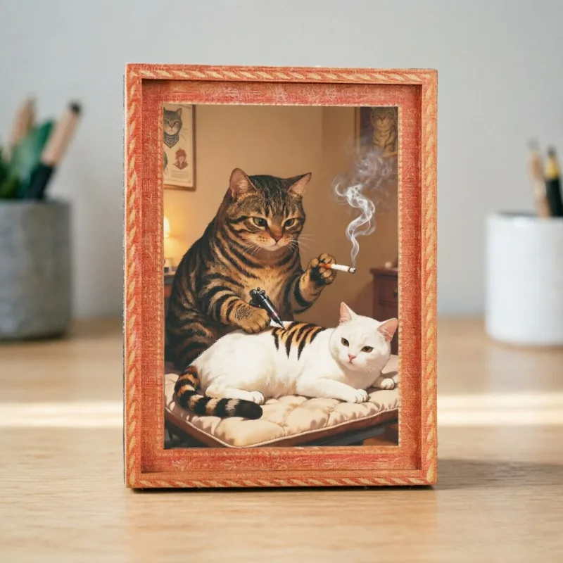8*6*1cm Wooden Magnetic Painting Craft Decoration Sticker - Frog Black Cat Funny Masterpiece Wall Sticker for Refrigerator view 6