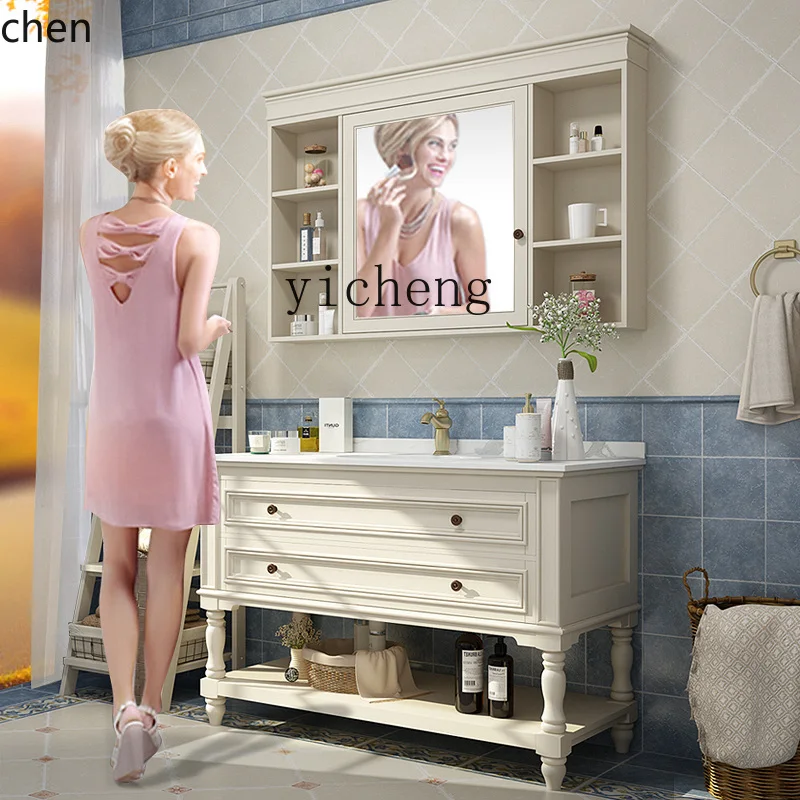 ZMLbathroom cabinet combination solid wood floor-to-ceiling washbasin rock slab washbasin sink washbasin cabinet