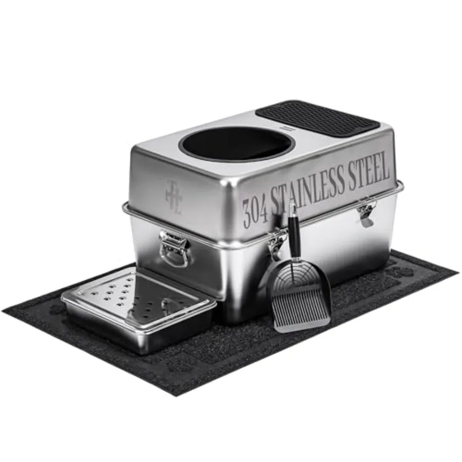 

Fully Enclosed 304 Stainless Steel Top-Entry XL Cat Litter Box with Metal Scoop Litter Mat Side Clamps Handles for Large Cats L